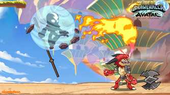 Screenshot from Brawlhalla video game of the air bending Avatar fighting demon creature