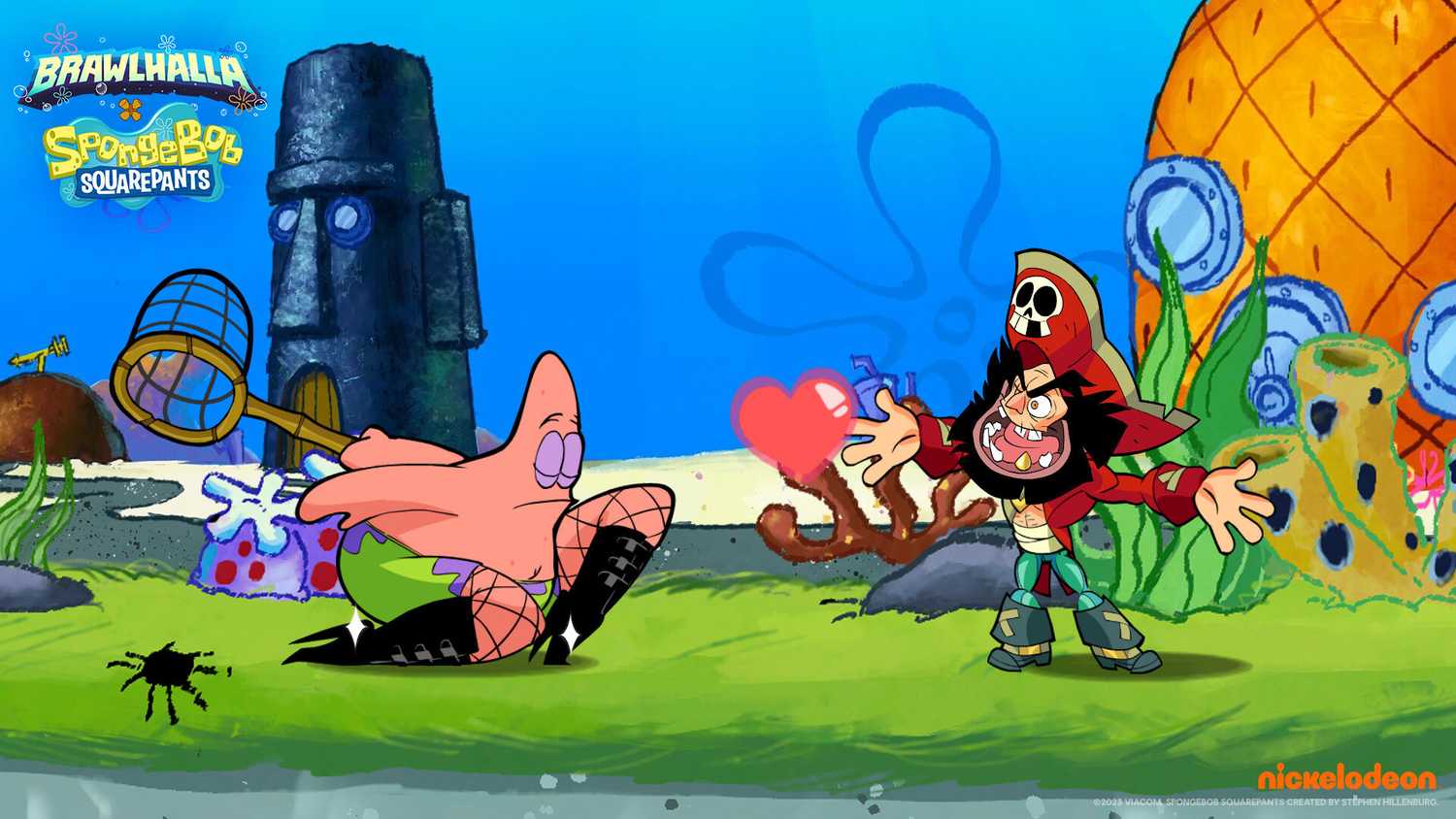 Screenshot from Brawlhalla video game of Patrick Star fighting pirate in Spongebob setting