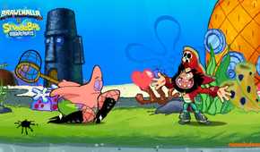 Screenshot from Brawlhalla video game of Patrick Star fighting pirate in Spongebob setting