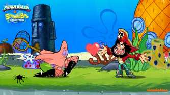 Screenshot from Brawlhalla video game of Patrick Star fighting pirate in Spongebob setting
