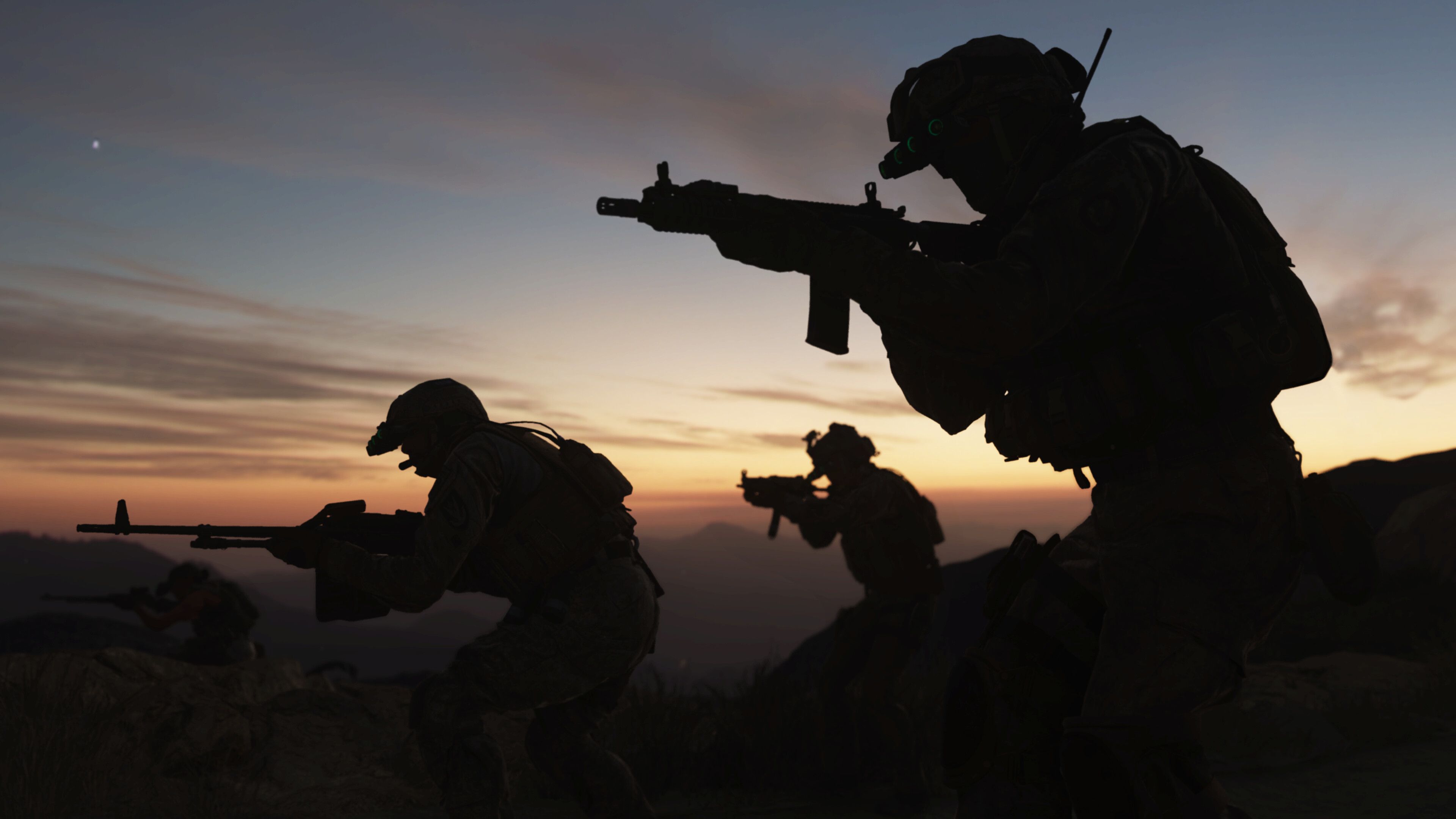 Screenshot from Call of Duty: Modern Warfare (2019) video game of armed soldiers silhouetted against clear sky