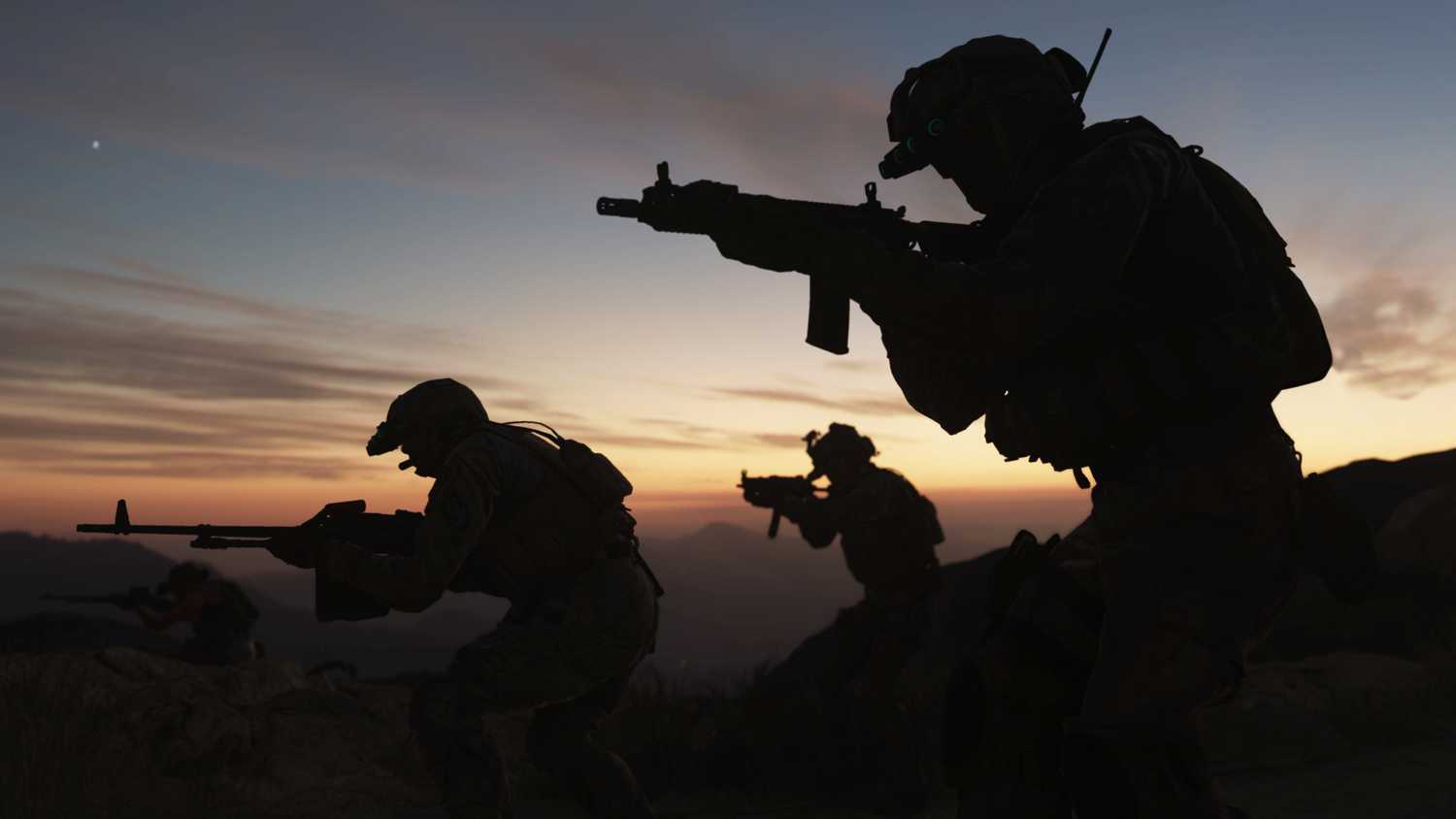 Screenshot from Call of Duty: Modern Warfare (2019) video game of armed soldiers silhouetted against clear sky