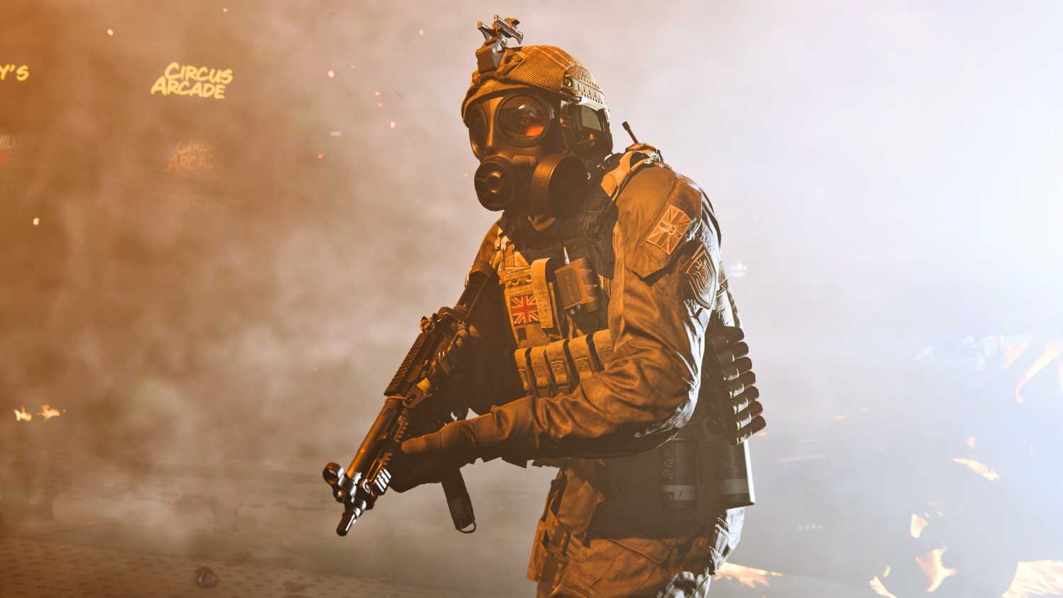 Screenshot from Call of Duty: Modern Warfare (2019) video game of armed soldier with gas mask on lit by flares