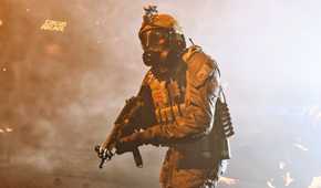 Screenshot from Call of Duty: Modern Warfare (2019) video game of armed soldier with gas mask on lit by flares
