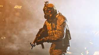 Screenshot from Call of Duty: Modern Warfare (2019) video game of armed soldier with gas mask on lit by flares