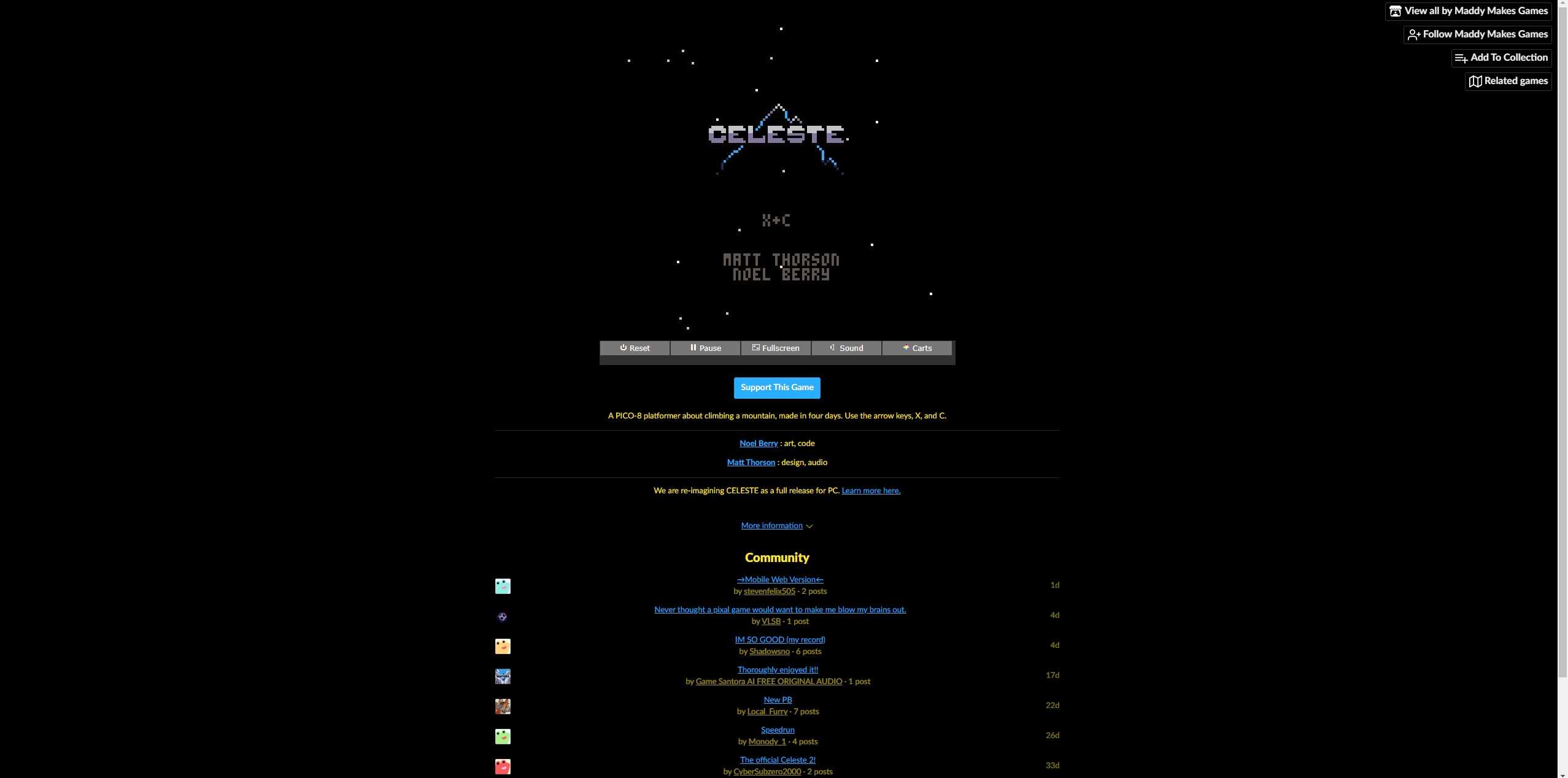 Screenshot of Celeste Classic video game menu played in web browser