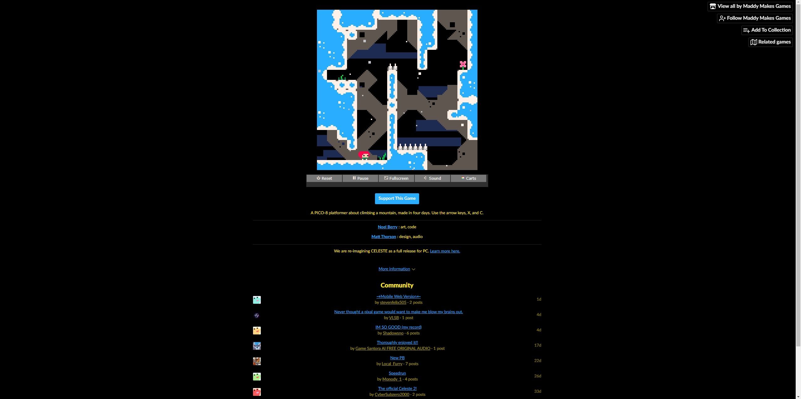 Screenshot of Celeste Classic video game level played in web browser