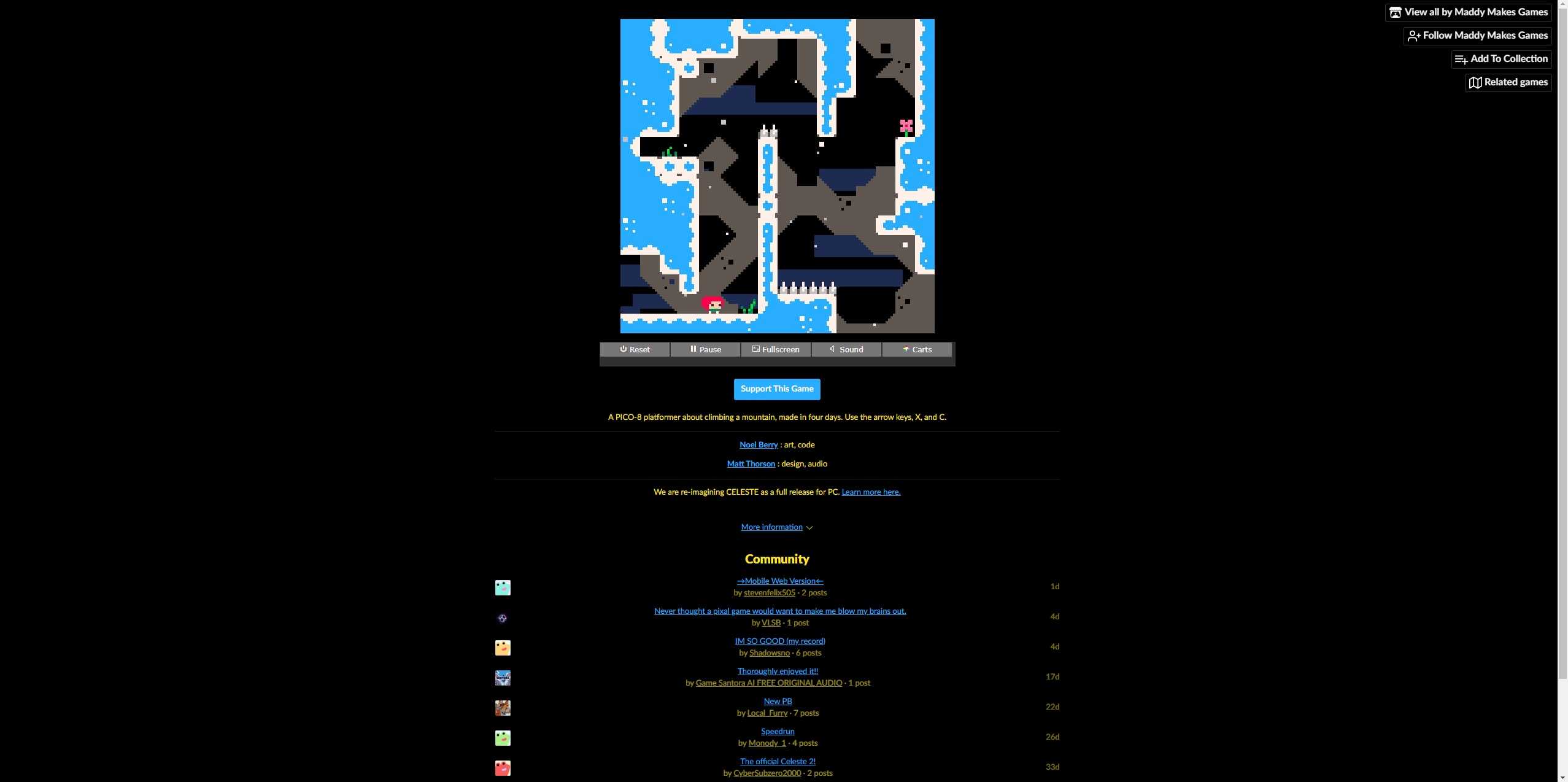 Screenshot of Celeste Classic video game level played in web browser