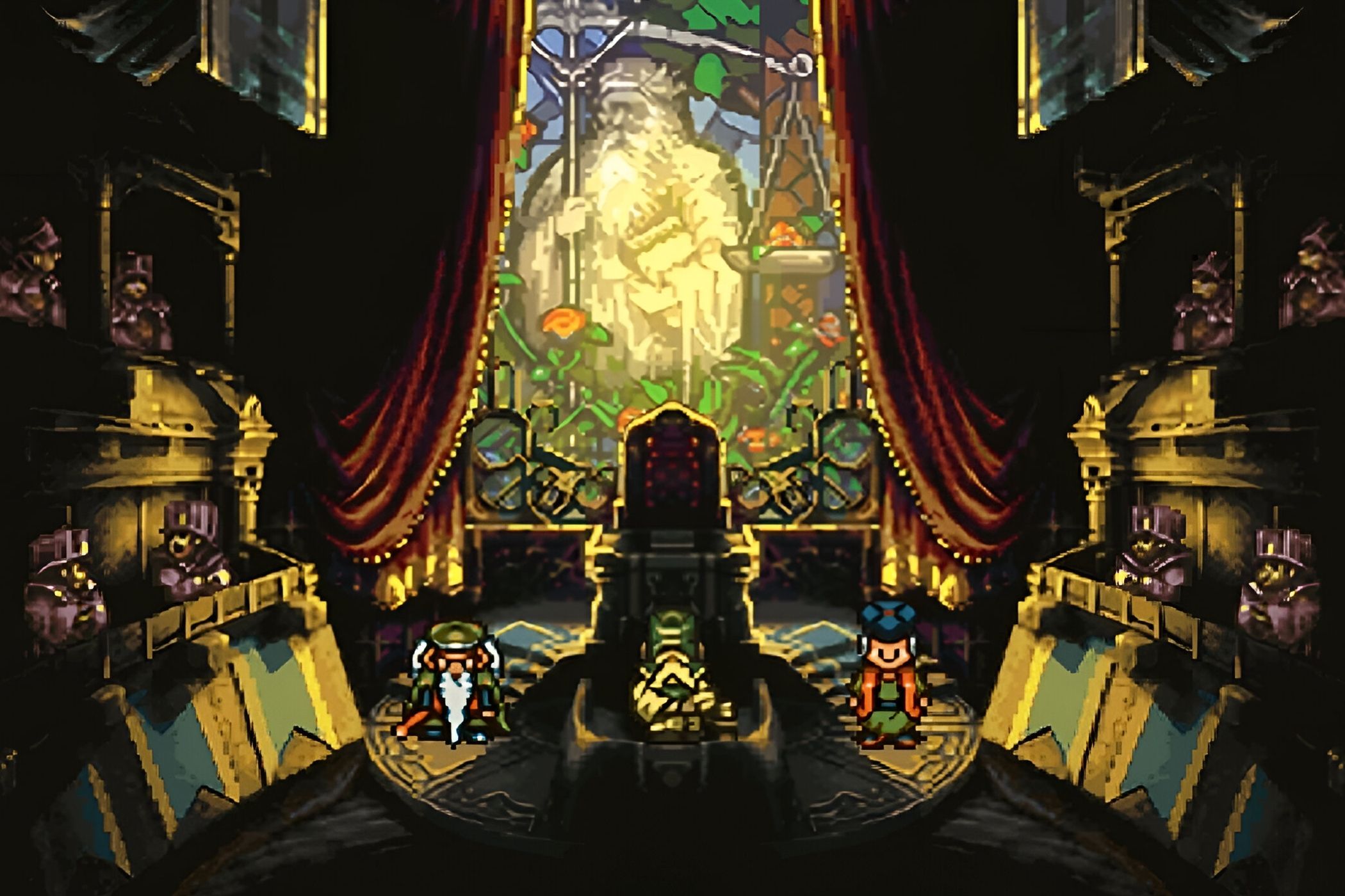 A screenshot from the game Chrono Trigger, showing 2D characters sitting in a chapel.