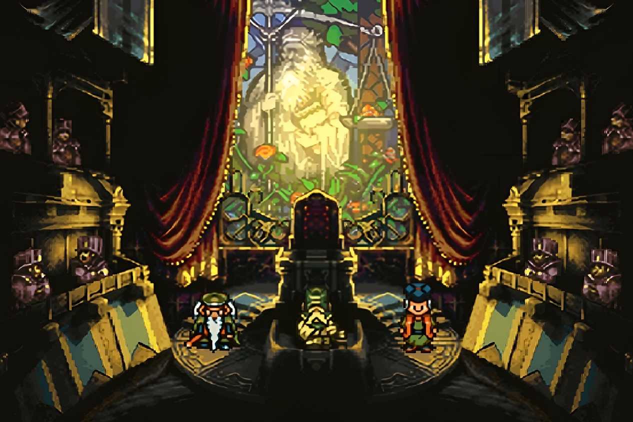 A screenshot from the game Chrono Trigger, showing 2D characters sitting in a chapel.