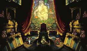 A screenshot from the game Chrono Trigger, showing 2D characters sitting in a chapel.