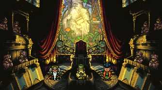 A screenshot from the game Chrono Trigger, showing 2D characters sitting in a chapel.