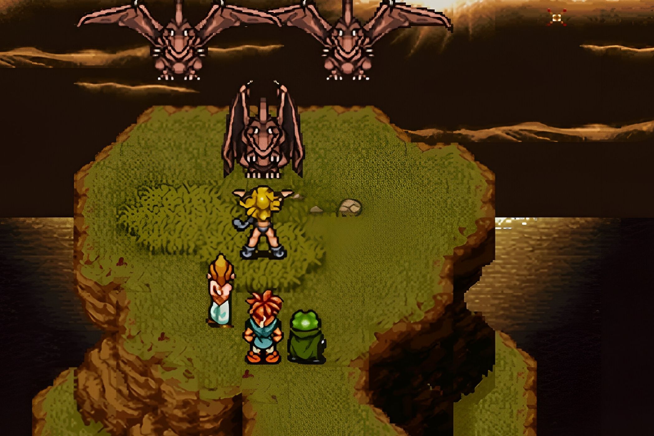 A screenshot from the game Chrono Trigger, showing 2D characters fighting off three brown dragons while standing atop a green cliff.