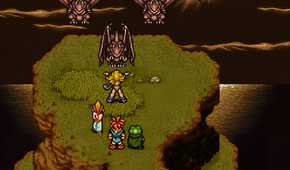 A screenshot from the game Chrono Trigger, showing 2D characters fighting off three brown dragons while standing atop a green cliff.
