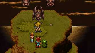 A screenshot from the game Chrono Trigger, showing 2D characters fighting off three brown dragons while standing atop a green cliff.