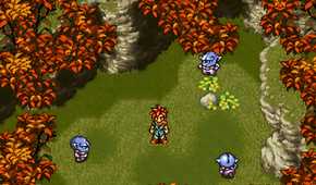 A screenshot from the game Chrono Trigger, showing 2D characters in a green field with red flora. The red-haired protagonist stands in the center, surrounded by blue foes.