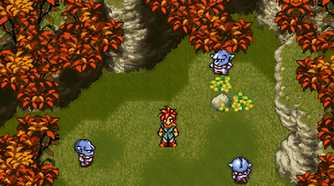 A screenshot from the game Chrono Trigger, showing 2D characters in a green field with red flora. The red-haired protagonist stands in the center, surrounded by blue foes.