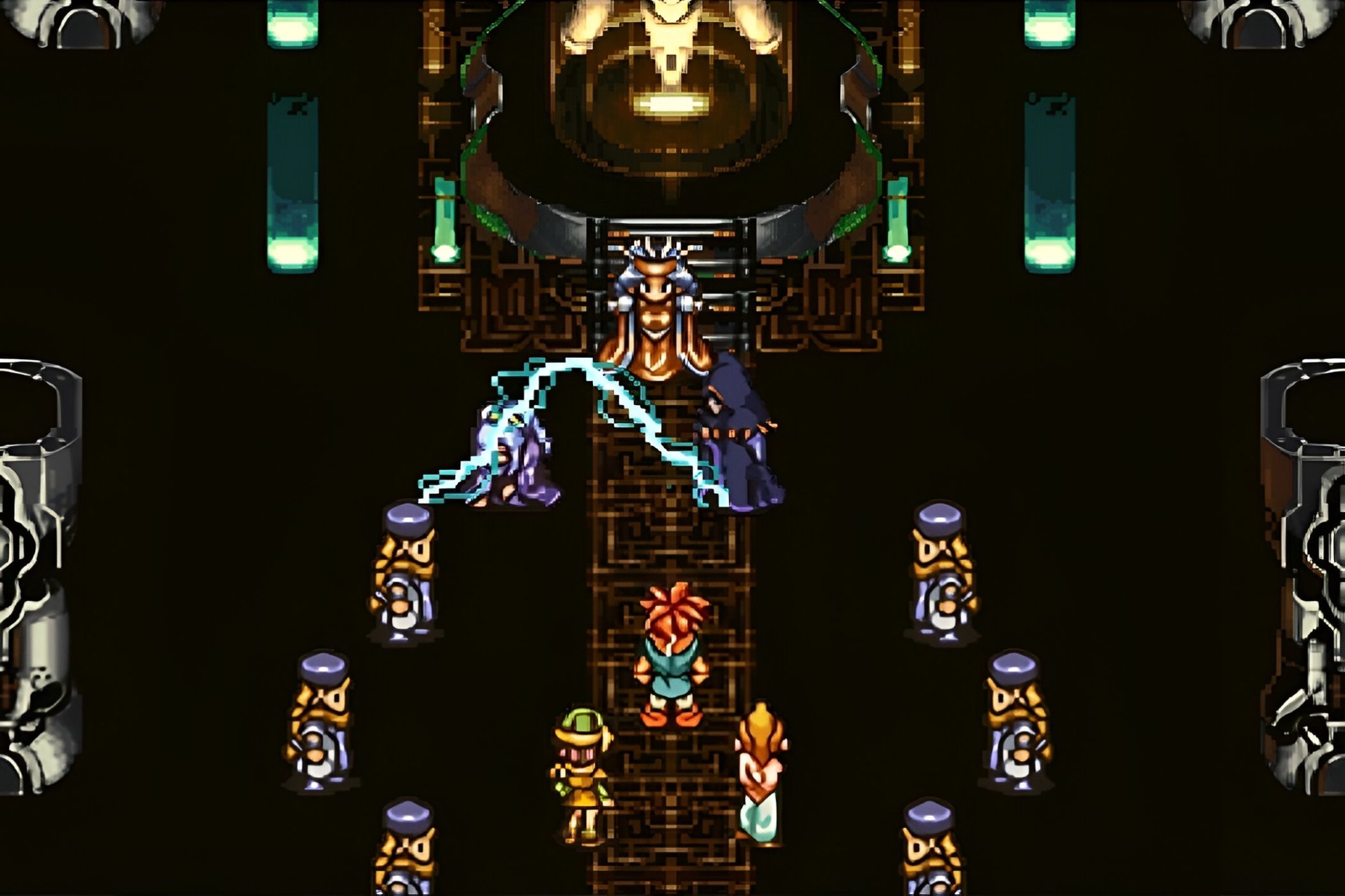 A screenshot from the game Chrono Trigger, showing 2D characters in a throne room of sorts, with a wizard in robes throwing ropes of sparkling electricity on another character.