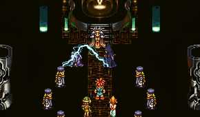 A screenshot from the game Chrono Trigger, showing 2D characters in a throne room of sorts, with a wizard in robes throwing ropes of sparkling electricity on another character.