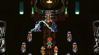 A screenshot from the game Chrono Trigger, showing 2D characters in a throne room of sorts, with a wizard in robes throwing ropes of sparkling electricity on another character.