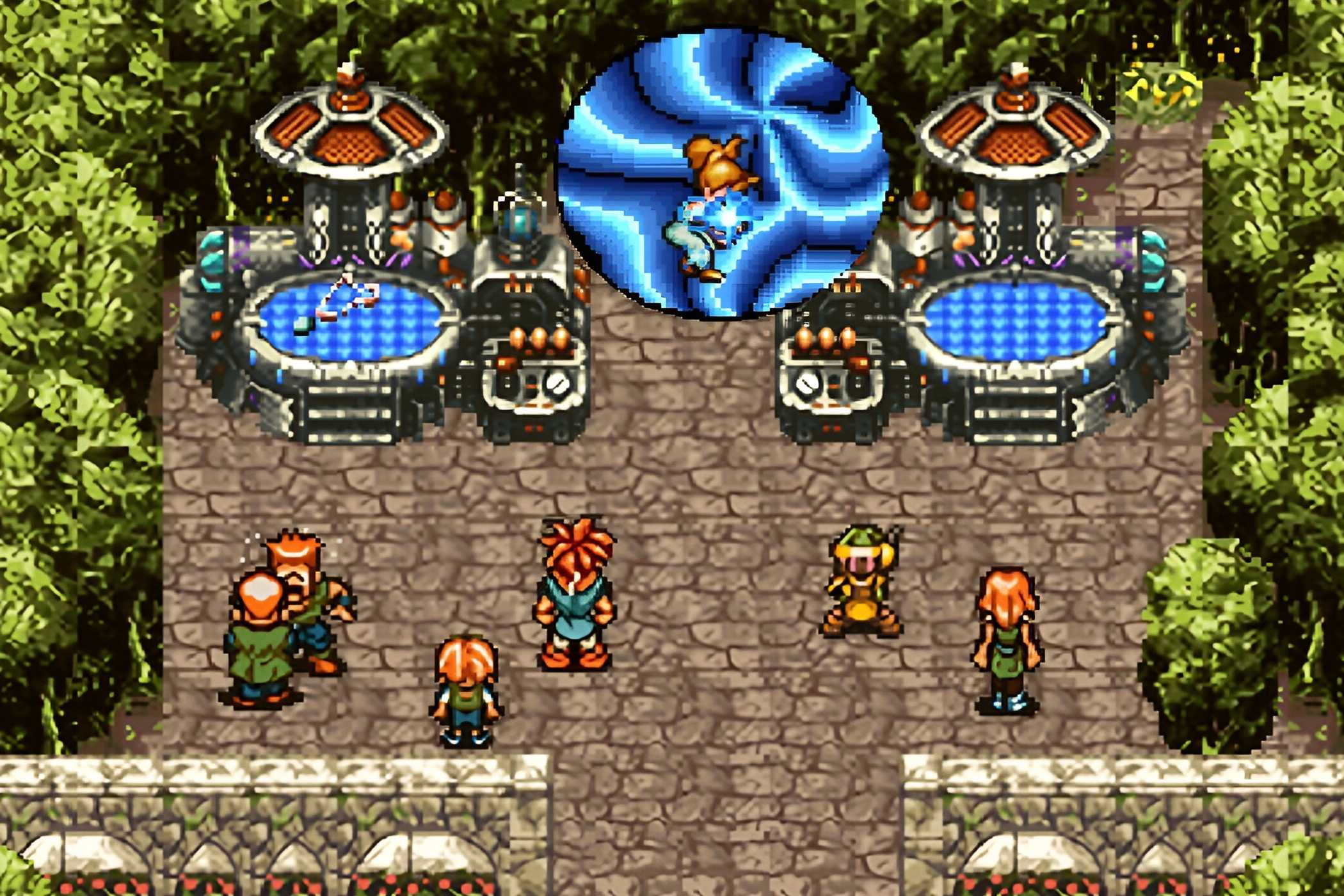 A screenshot from the game Chrono Trigger, showing 2D characters standing on paved ground as a blue vortex opens up in front of them.