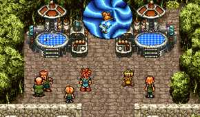 A screenshot from the game Chrono Trigger, showing 2D characters standing on paved ground as a blue vortex opens up in front of them.