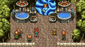 A screenshot from the game Chrono Trigger, showing 2D characters standing on paved ground as a blue vortex opens up in front of them.
