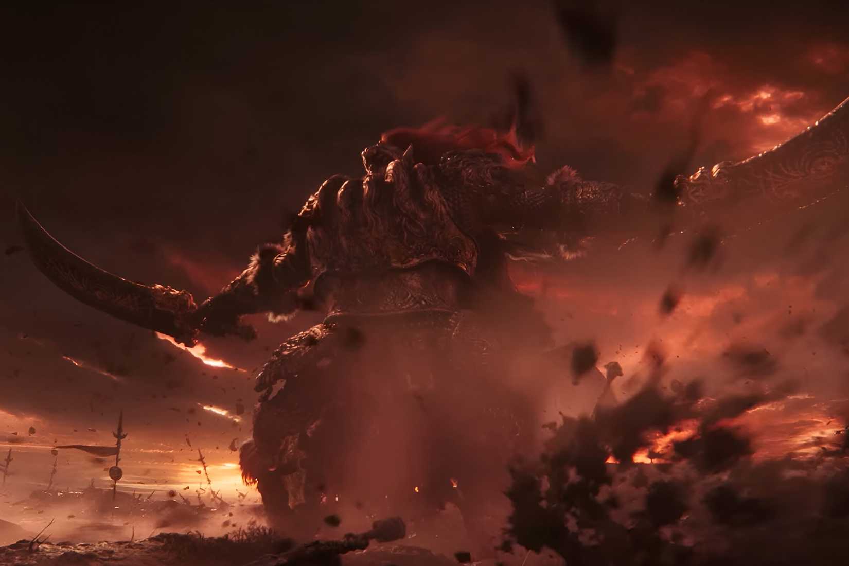 An image from the game Elden Ring, showing General Radahn, a tough boss in the game.