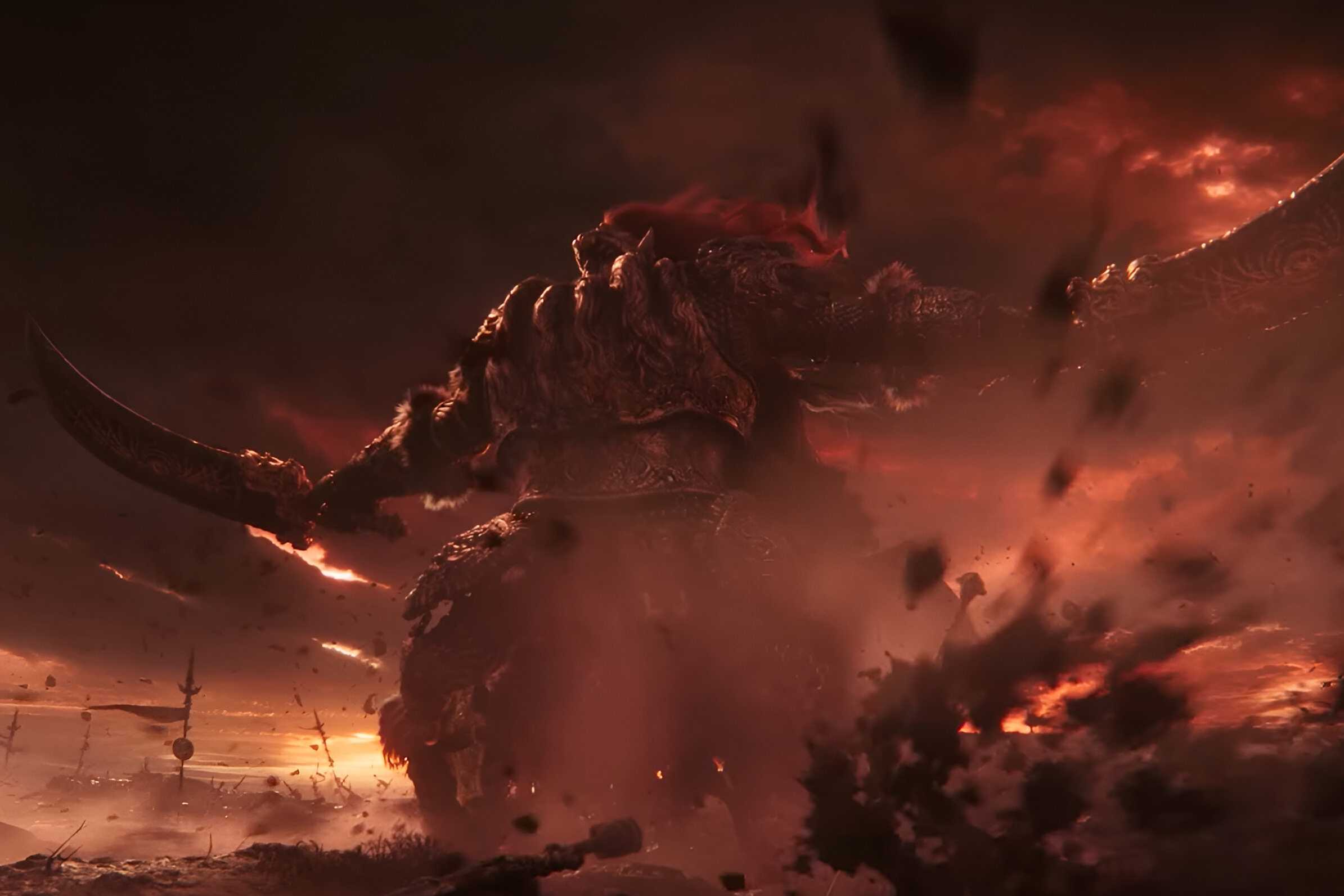 An image from the game Elden Ring, showing General Radahn, a tough boss in the game.