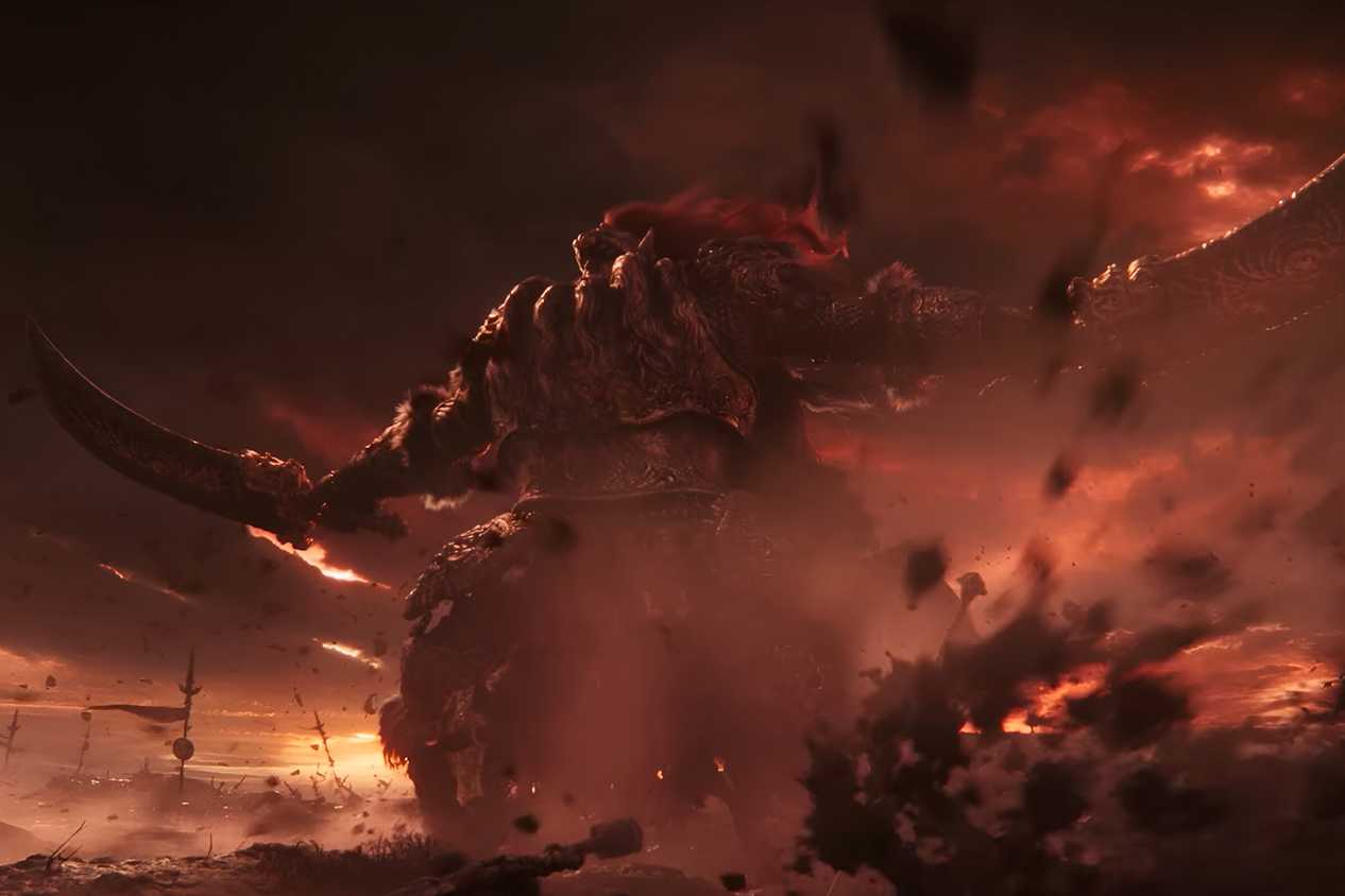 An image from the game Elden Ring, showing General Radahn, a tough boss in the game.