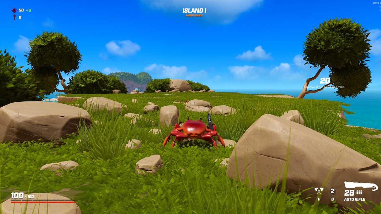 Screenshot from video game Crab Champions of crab standing in grass with ocean on the horizon