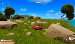 Screenshot from video game Crab Champions of crab standing in grass with ocean on the horizon