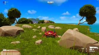 Screenshot from video game Crab Champions of crab standing in grass with ocean on the horizon
