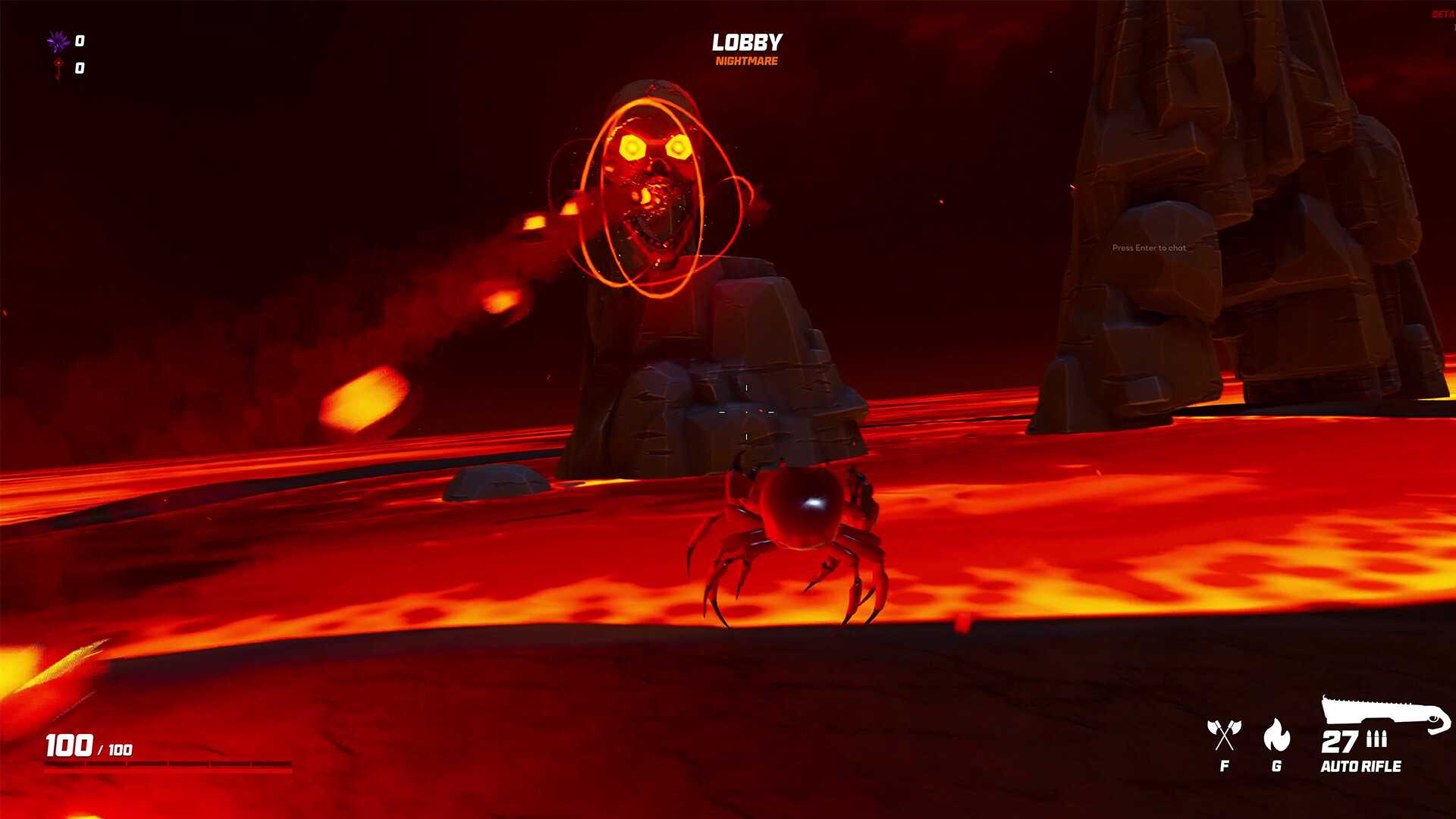 Screenshot from video game Crab Champions of crab fighting magical enemy surrounded by lava