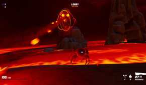 Screenshot from video game Crab Champions of crab fighting magical enemy surrounded by lava