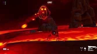 Screenshot from video game Crab Champions of crab fighting magical enemy surrounded by lava