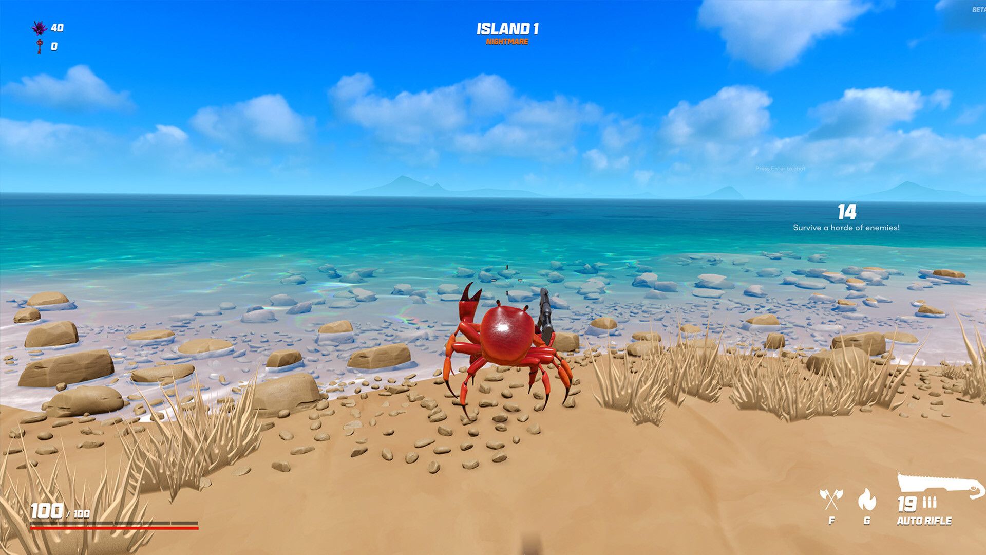 Screenshot from video game Crab Champions of crab jumping through the air on shore