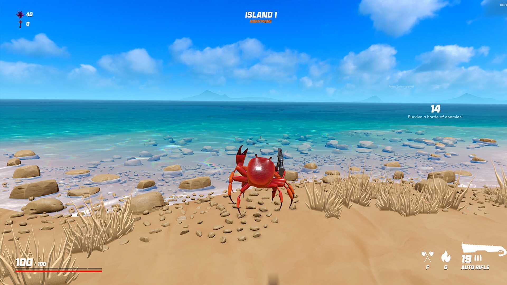 Screenshot from video game Crab Champions of crab jumping through the air on shore