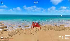 Screenshot from video game Crab Champions of crab jumping through the air on shore