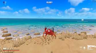 Screenshot from video game Crab Champions of crab jumping through the air on shore