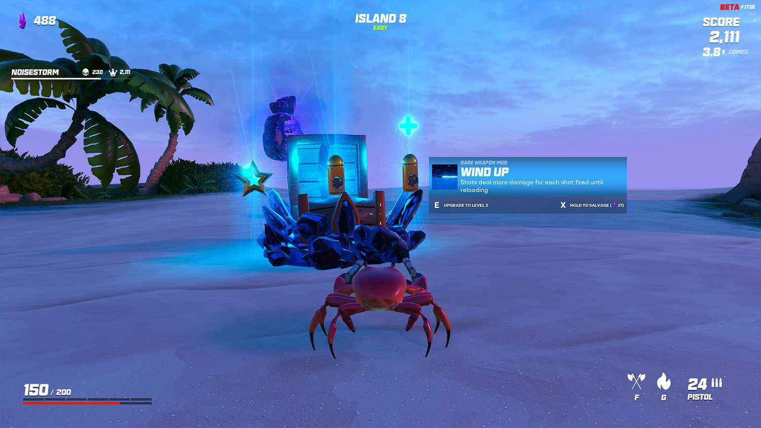 Screenshot from video game Crab Champions of crab getting upgrades on the beach