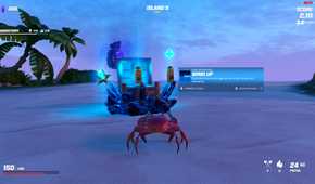 Screenshot from video game Crab Champions of crab getting upgrades on the beach