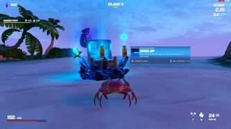 Screenshot from video game Crab Champions of crab getting upgrades on the beach
