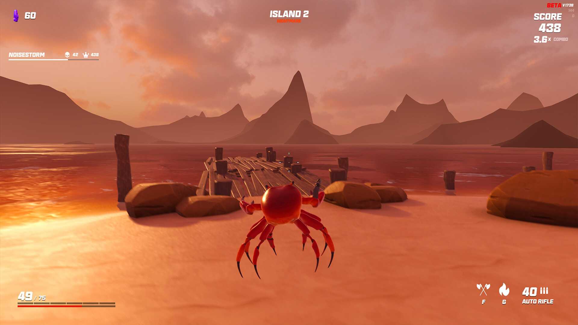 Screenshot from video game Crab Champions of crab flying through the air at the beach