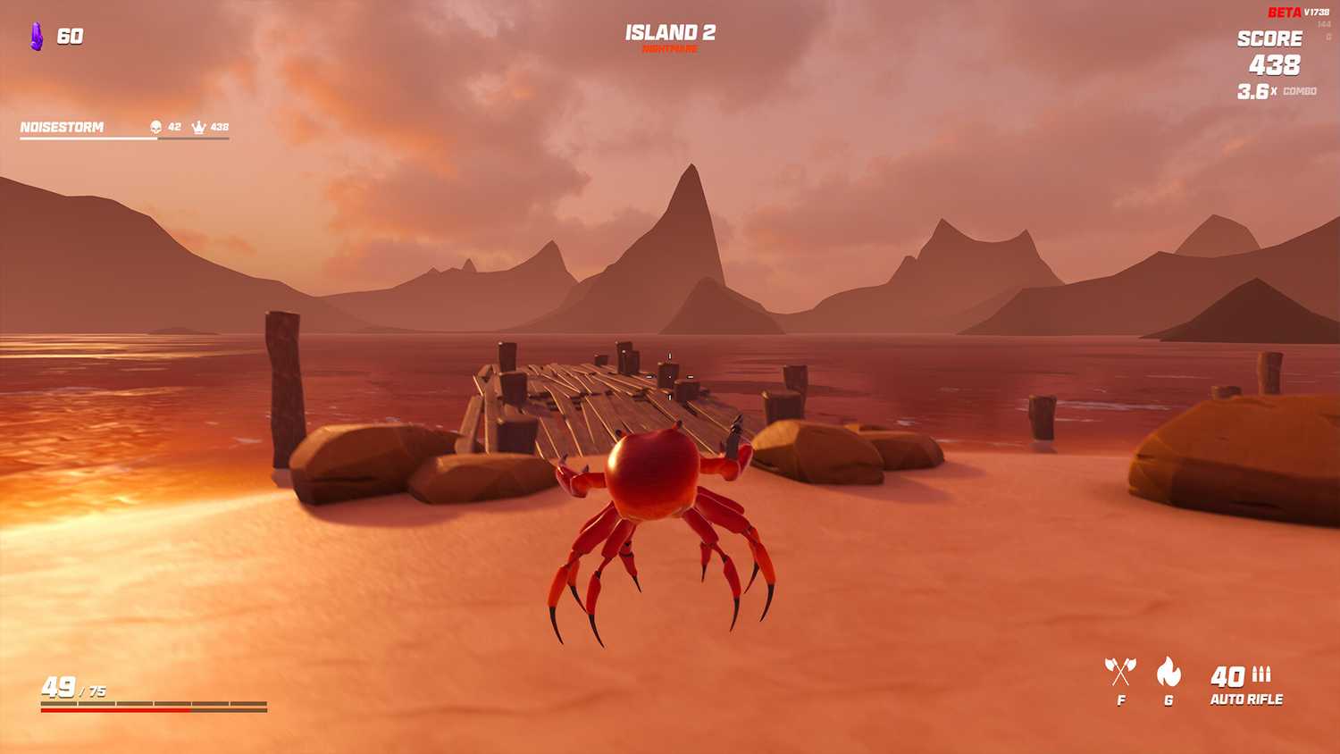 Screenshot from video game Crab Champions of crab flying through the air at the beach