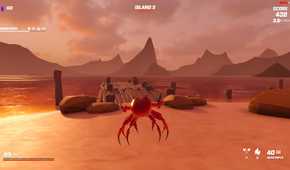Screenshot from video game Crab Champions of crab flying through the air at the beach
