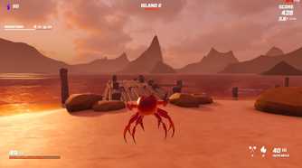 Screenshot from video game Crab Champions of crab flying through the air at the beach