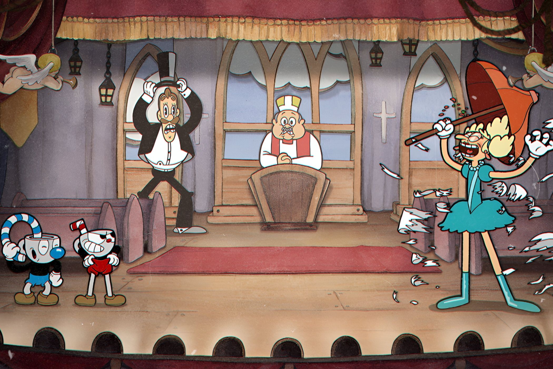 A screenshot from the game Cuphead, showing Cuphead and Mugman in a chapel while a priest looks on in the background.