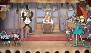 A screenshot from the game Cuphead, showing Cuphead and Mugman in a chapel while a priest looks on in the background.