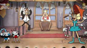 A screenshot from the game Cuphead, showing Cuphead and Mugman in a chapel while a priest looks on in the background.